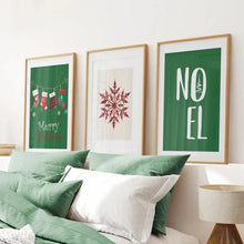 Load image into Gallery viewer, Green Red Xmas Wall Art Home Decor Poster Set. Thin Wood Frames with Mat Over the Bed.
