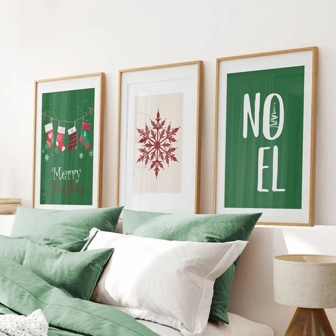 Green Red Xmas Wall Art Home Decor Poster Set. Thin Wood Frames with Mat Over the Bed.