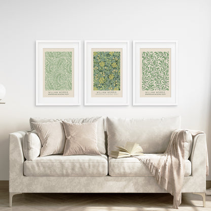 William Morris Vintage Prints. 3 Piece Wall Art. White Frames with Mat for Living Room