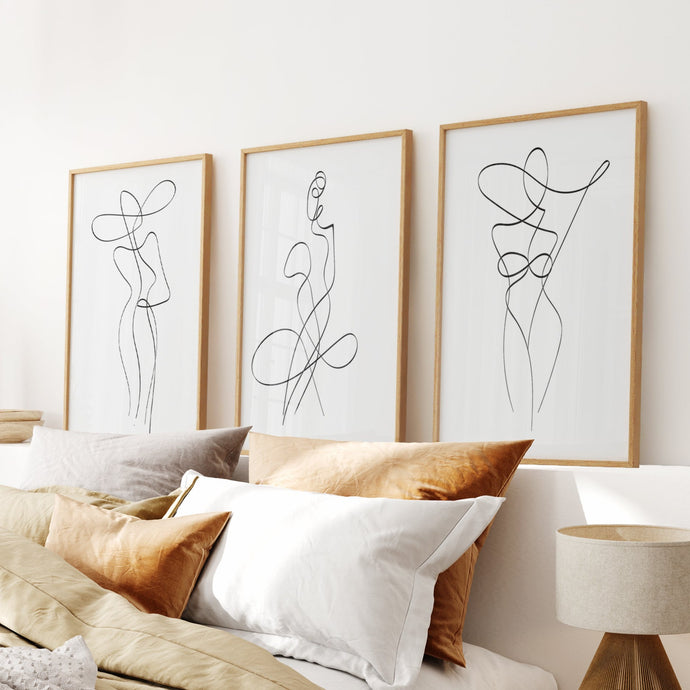 Line Art Woman Drawing. Thin wood frames. Over Bed Wall Art Prints
