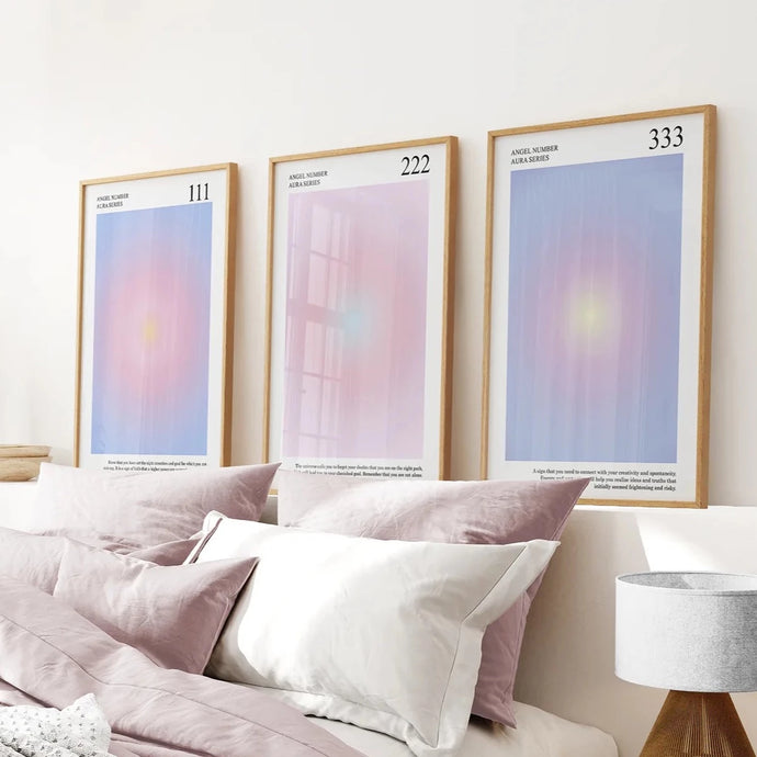 Aura Set Of 3 Prints. Affirmation Wall Decor. Thin Wood Frames Over the Bed.