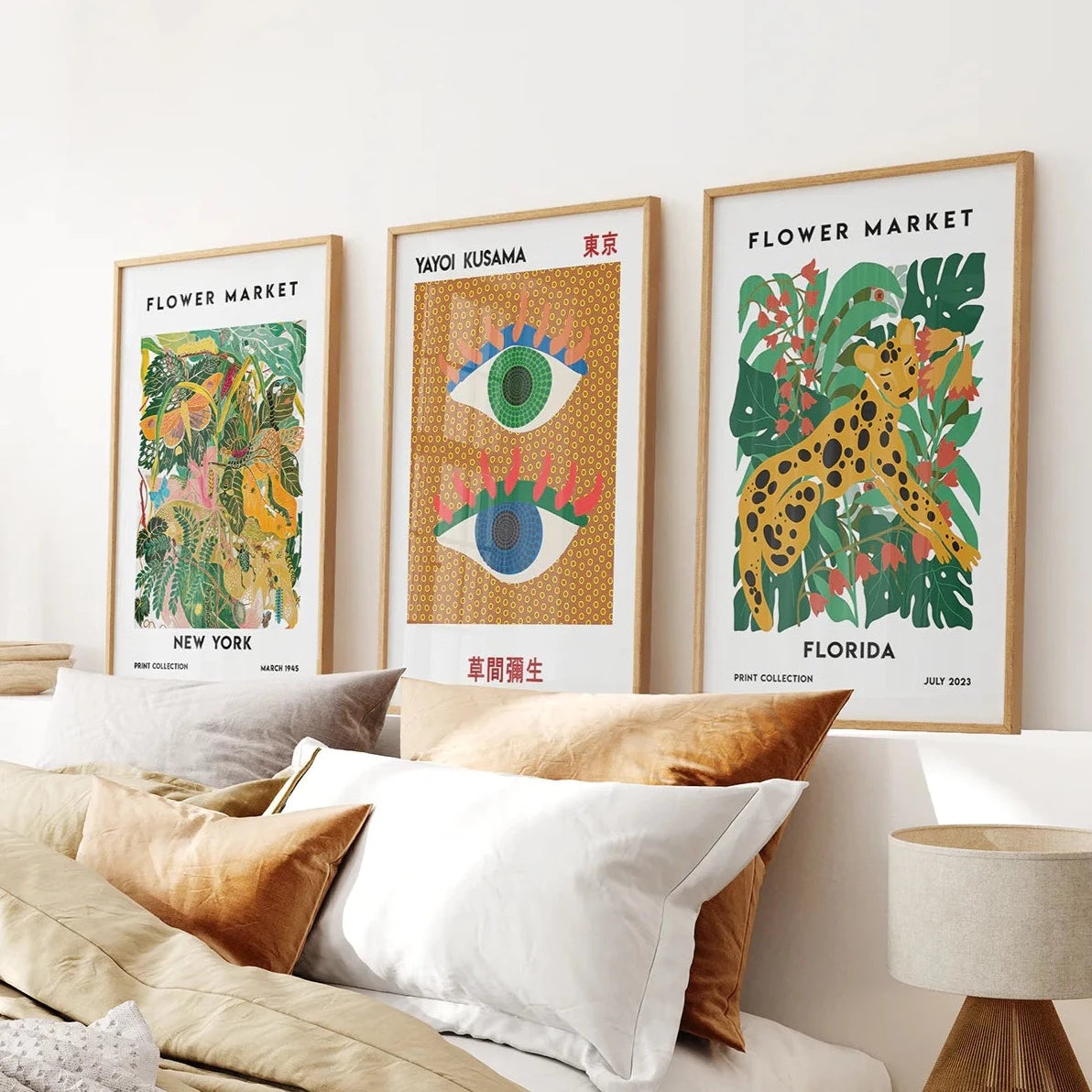 Modern Home Decor Flower Market Set. Thin Wood Frames Over the Bed.