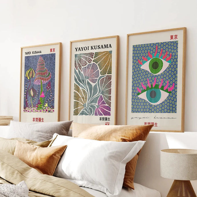 Colorful Eye Yayoi Kusama Apartment Wall Decor Set. Thin Wood Frames for Bedroom.