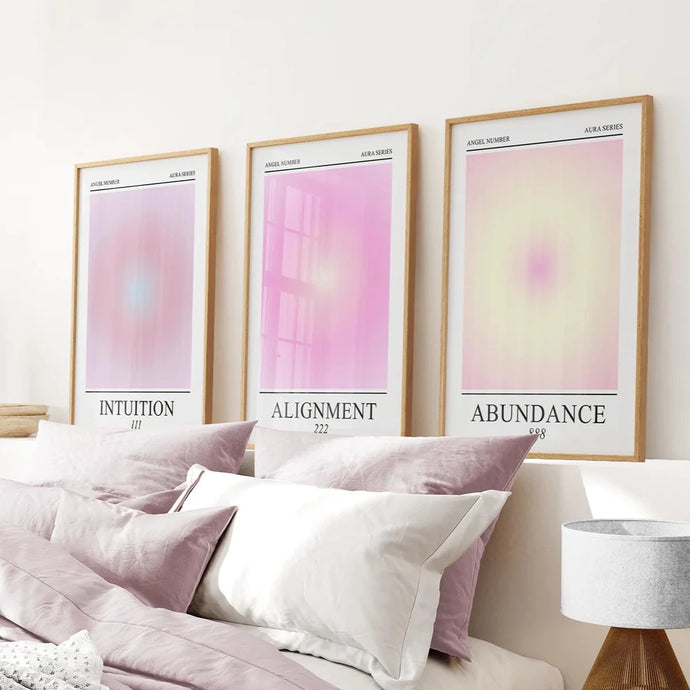 Aura Spiritual Energy Wall Set. Thin Wood Frames Over the Bed.