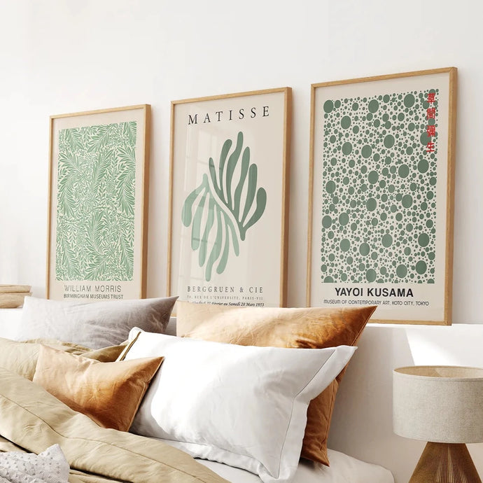 Henri Matisse Botanical Wall Art. Thin Wood Frames Over the Bed.