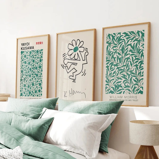 Green Modern Art Wall Decor. Thin Wood Frames for Bedroom.