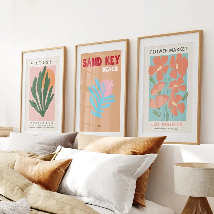 Flower Market Print Orange Poster Art Set Decor. Thin Wood Frames Over the Bed.