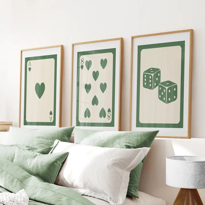 Green Vintage Deck of Cards Posters. Thinwood Frames with Mat for Bedroom.