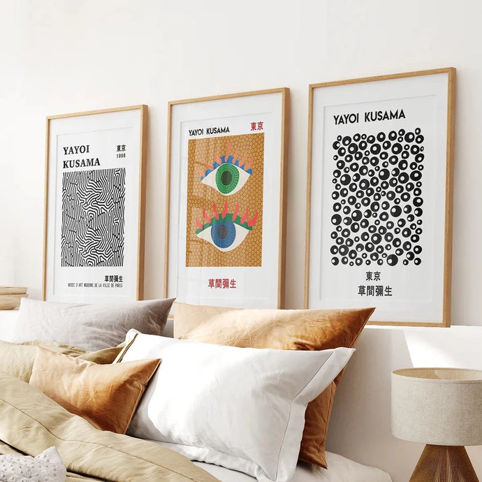 Contemporary Pop Art Printable Wall Decor Set. Thin Wood Frames with Mat Over the Bed.