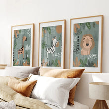 Load image into Gallery viewer, Green Nursery Decor for Kids Room. Thin Wood Frames with Mat Over the Bed.
