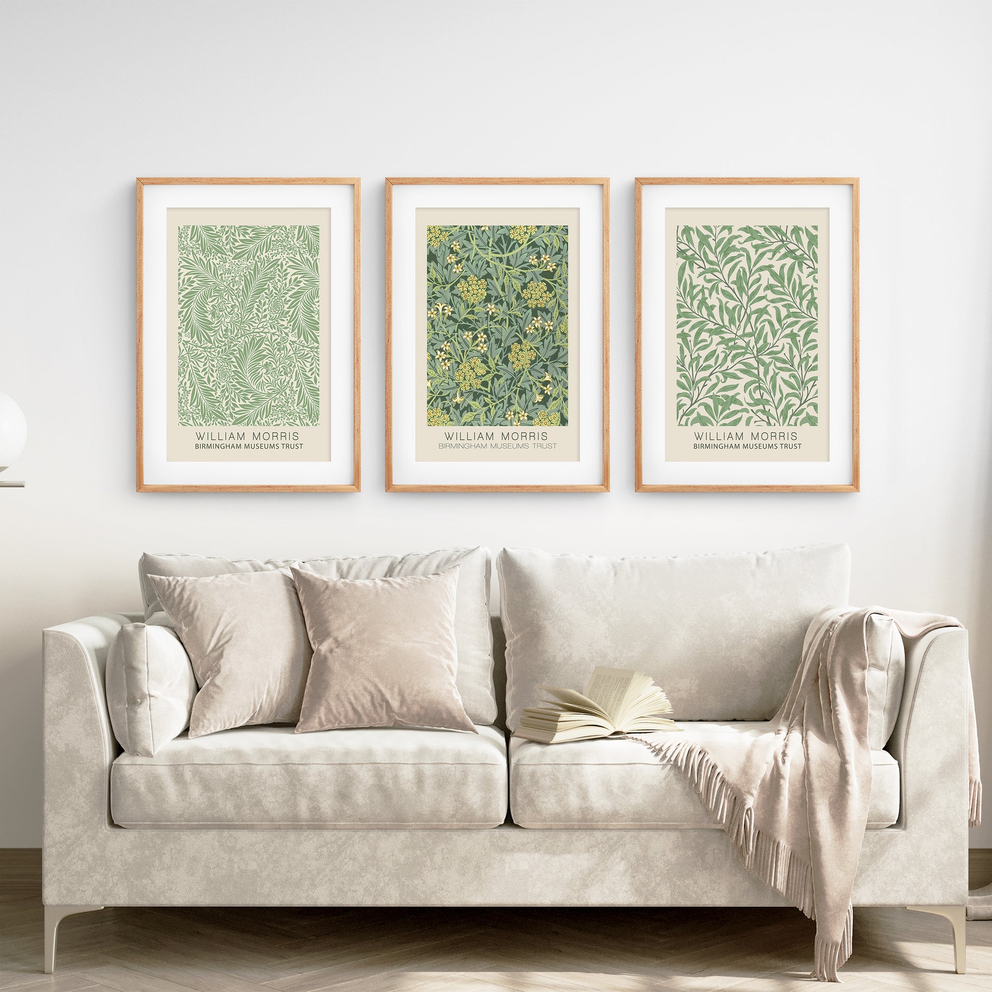 William Morris Pattern. 3 Piece Wall Art. Wood Frames with Mat. Living Room