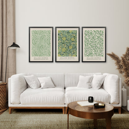 William Morris Pattern. 3 Piece Wall Art. Living Room Decor - Black Frames