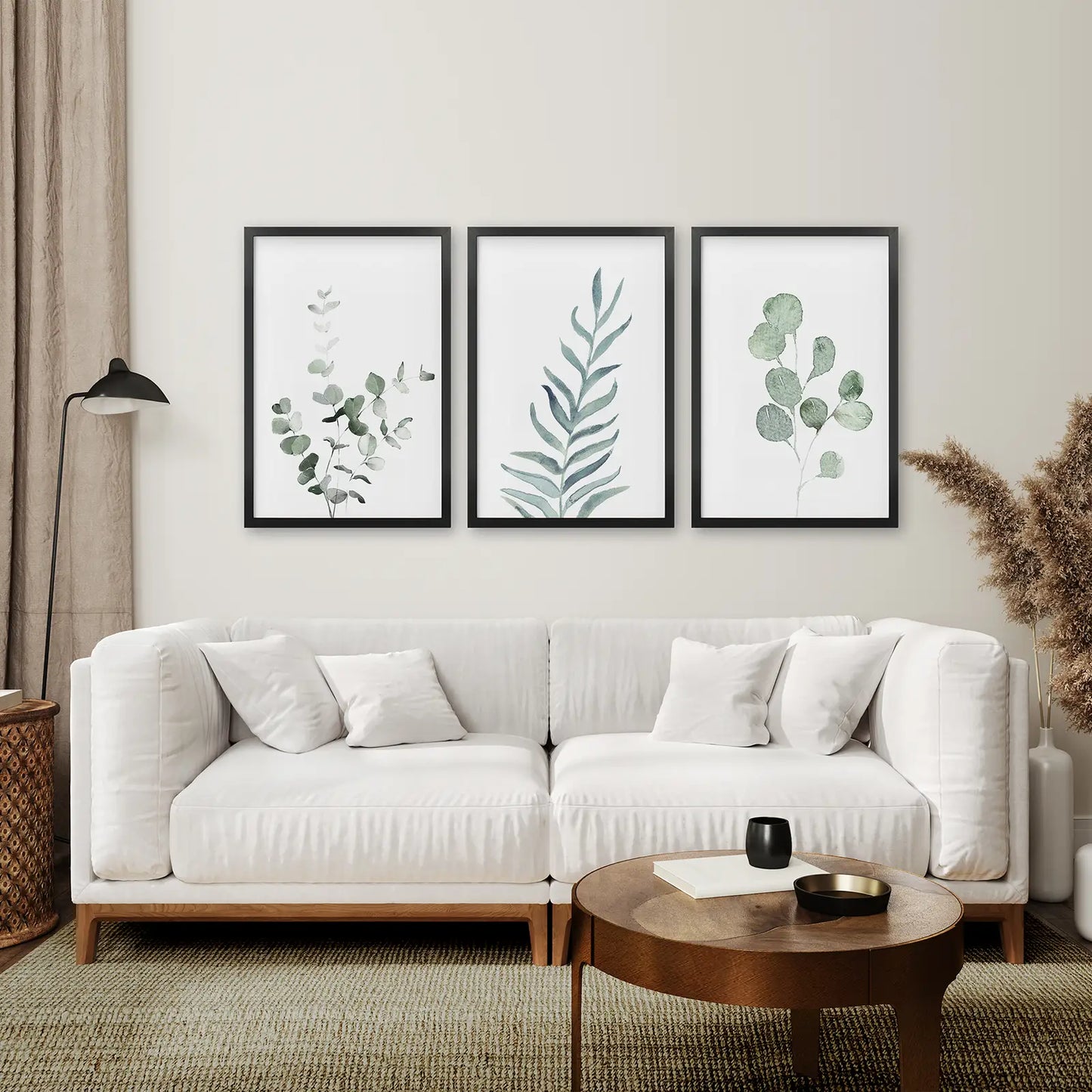 Eucalyptus Printable Wall Art Trendy Posters. Black Frames Over the Coach. 