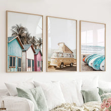 Load image into Gallery viewer, Summer Surfing Wall Art Set. Yellow Bus, Surfboards, Beach Cabins

