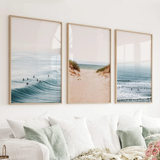 Modern Beach Set of 3 Posters. Sandy Beach, Waves, Surfers