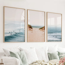 Load image into Gallery viewer, Modern Beach Set of 3 Posters. Sandy Beach, Waves, Surfers
