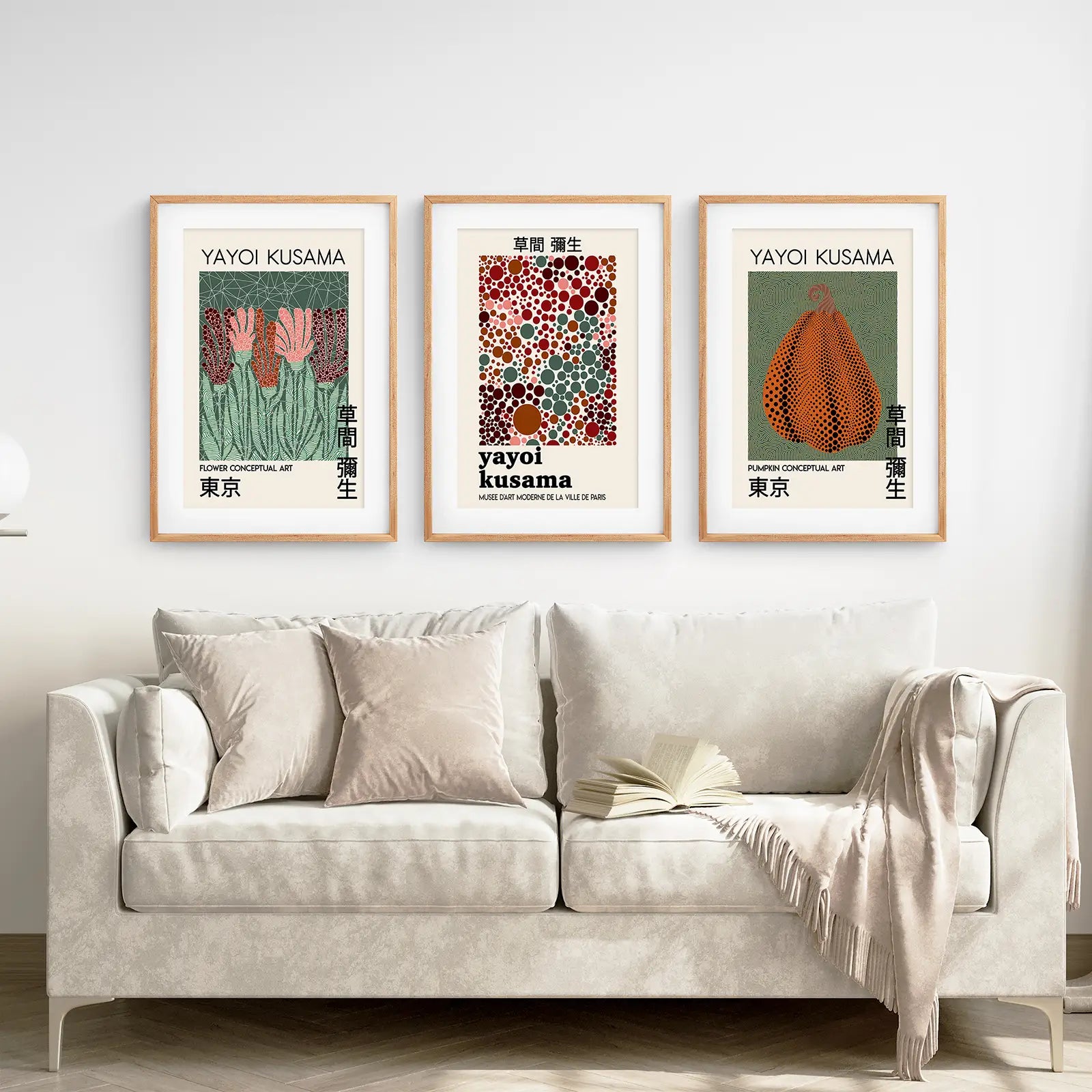 Museum Kusama Set Posters Wall Art. Thinwood Frames with Mat Over the Coach.