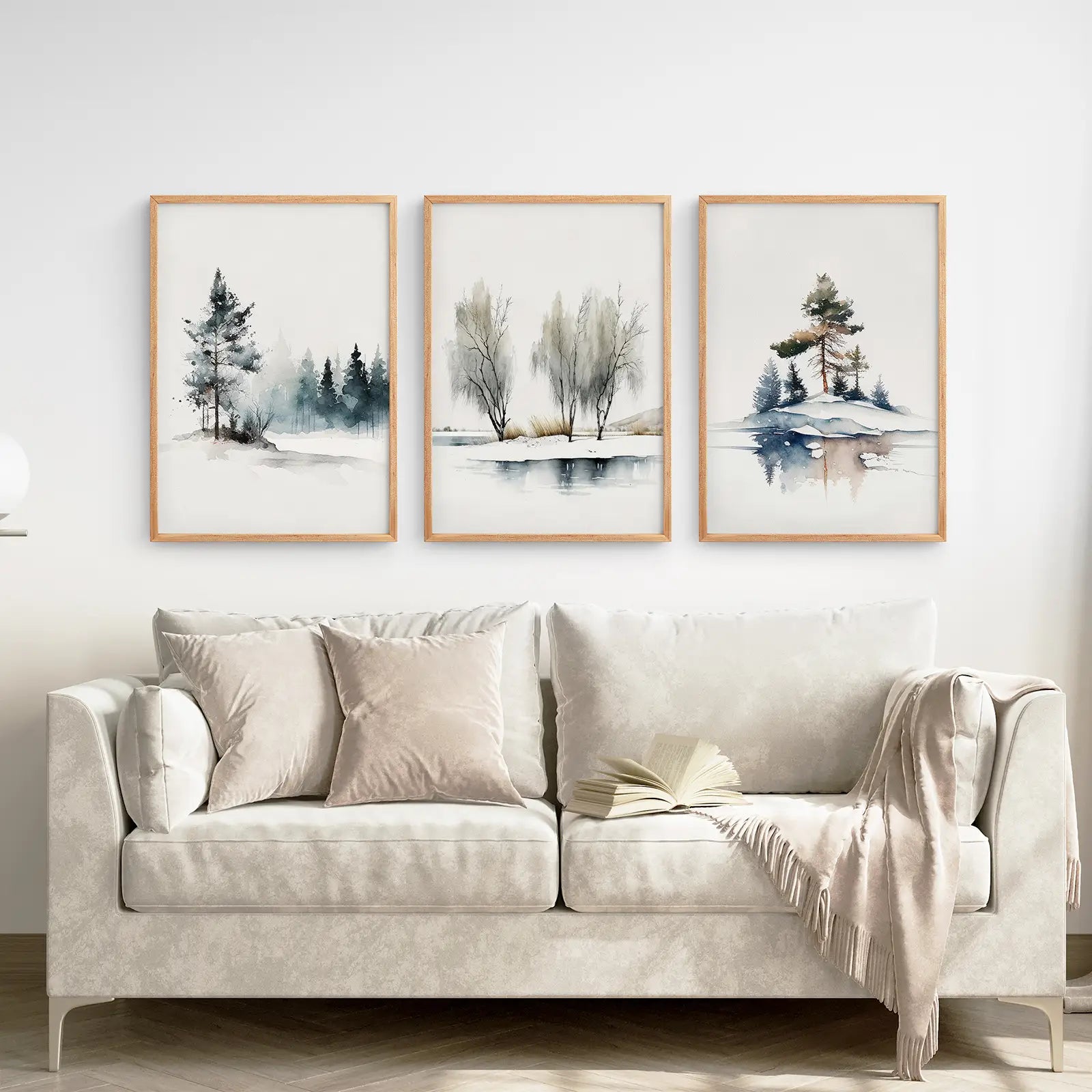 Pine Forest Wall Art Large Prints Home Decor. Thin Wood Frames Above the Sofa.