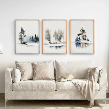 Pine Forest Wall Art Large Prints Home Decor. Thin Wood Frames Above the Sofa.