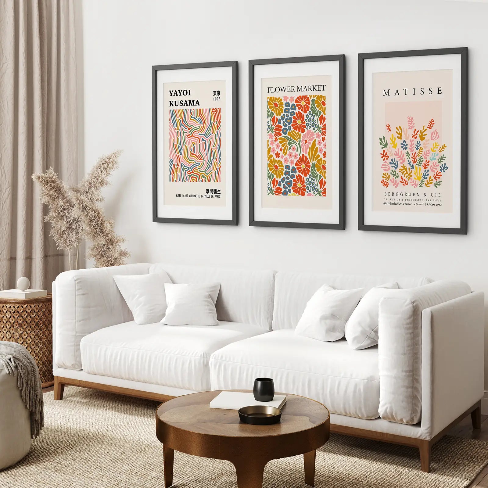 Flower Market Wall Art Decor Prints. Black Frames with Mat Above the Sofa.