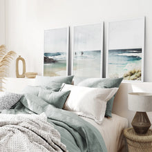 Load image into Gallery viewer, Navy Blue Abstract Seascape Watercolor Poster Set. White Frames Over the Bed.
