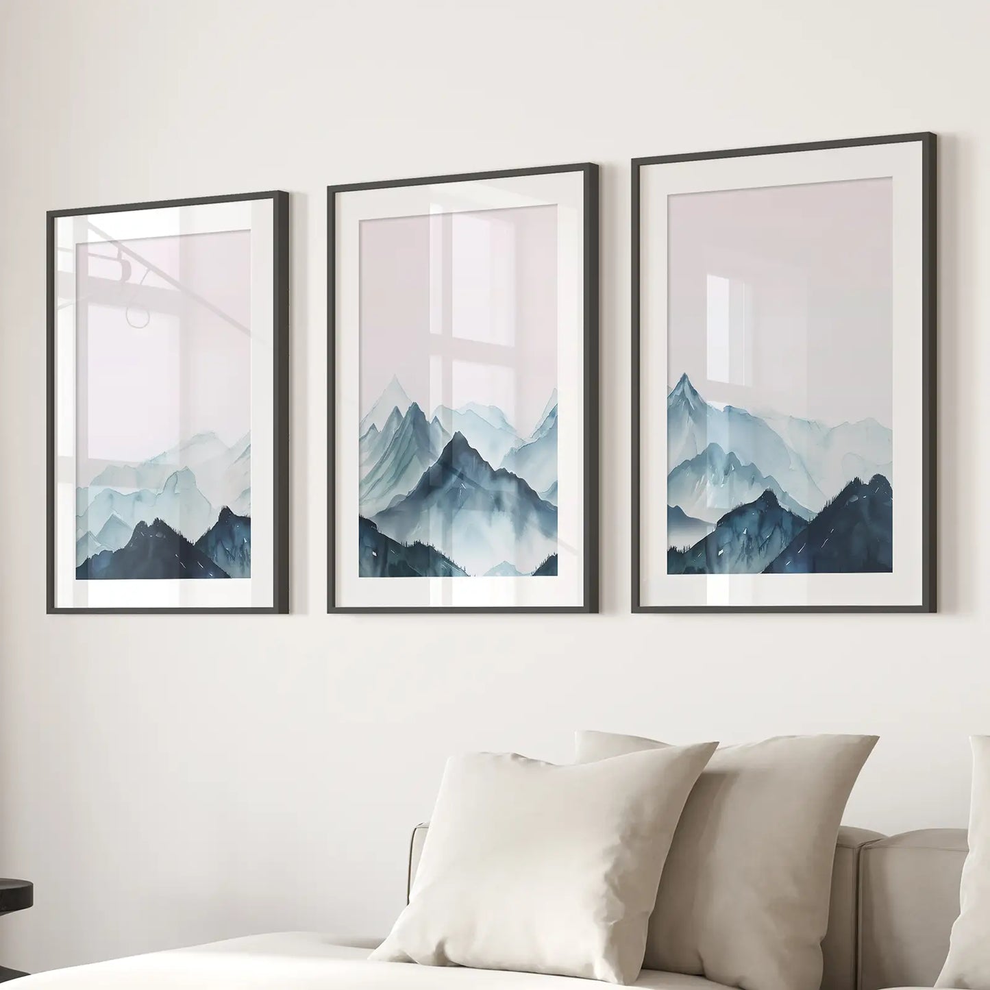 Blue Landscape Mountain Printable Wall Decor Set. Black Frames with Mat Above the Sofa.