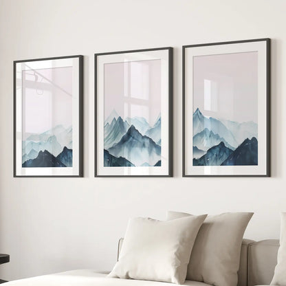 Blue Landscape Mountain Printable Wall Decor Set. Black Frames with Mat Above the Sofa.