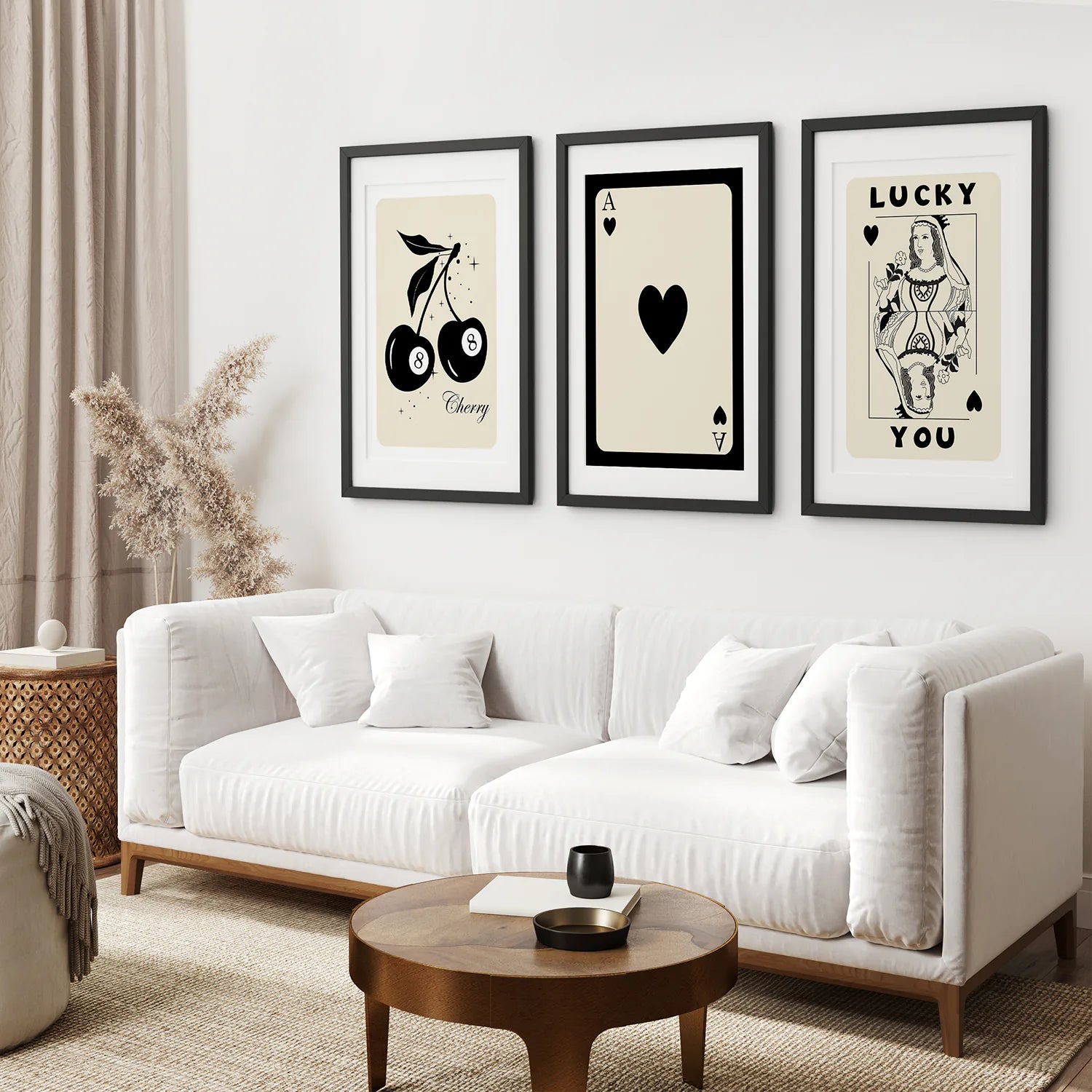 Lucky You,Ace of Herts,  8 Ball Cherry Trendy Art Prints. Black Frames with Mat Over the Sofa.