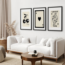Load image into Gallery viewer, Lucky You,Ace of Herts,  8 Ball Cherry Trendy Art Prints. Black Frames with Mat Over the Sofa.

