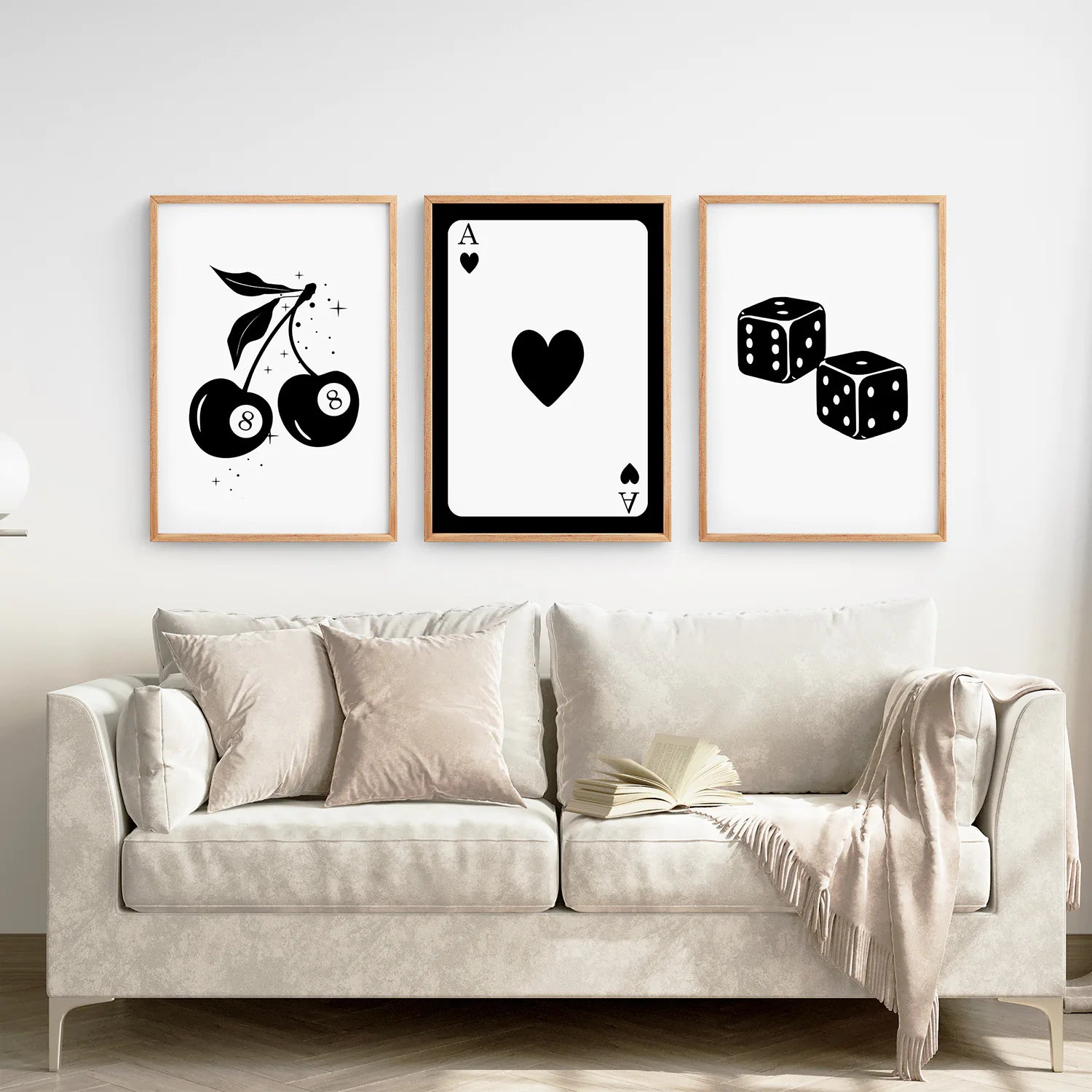 8 Ball Cherry Modern Poster. Thin Wood Frames Over the Sofa.