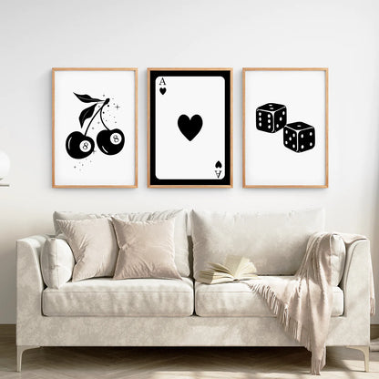 8 Ball Cherry Modern Poster. Thin Wood Frames Over the Sofa.