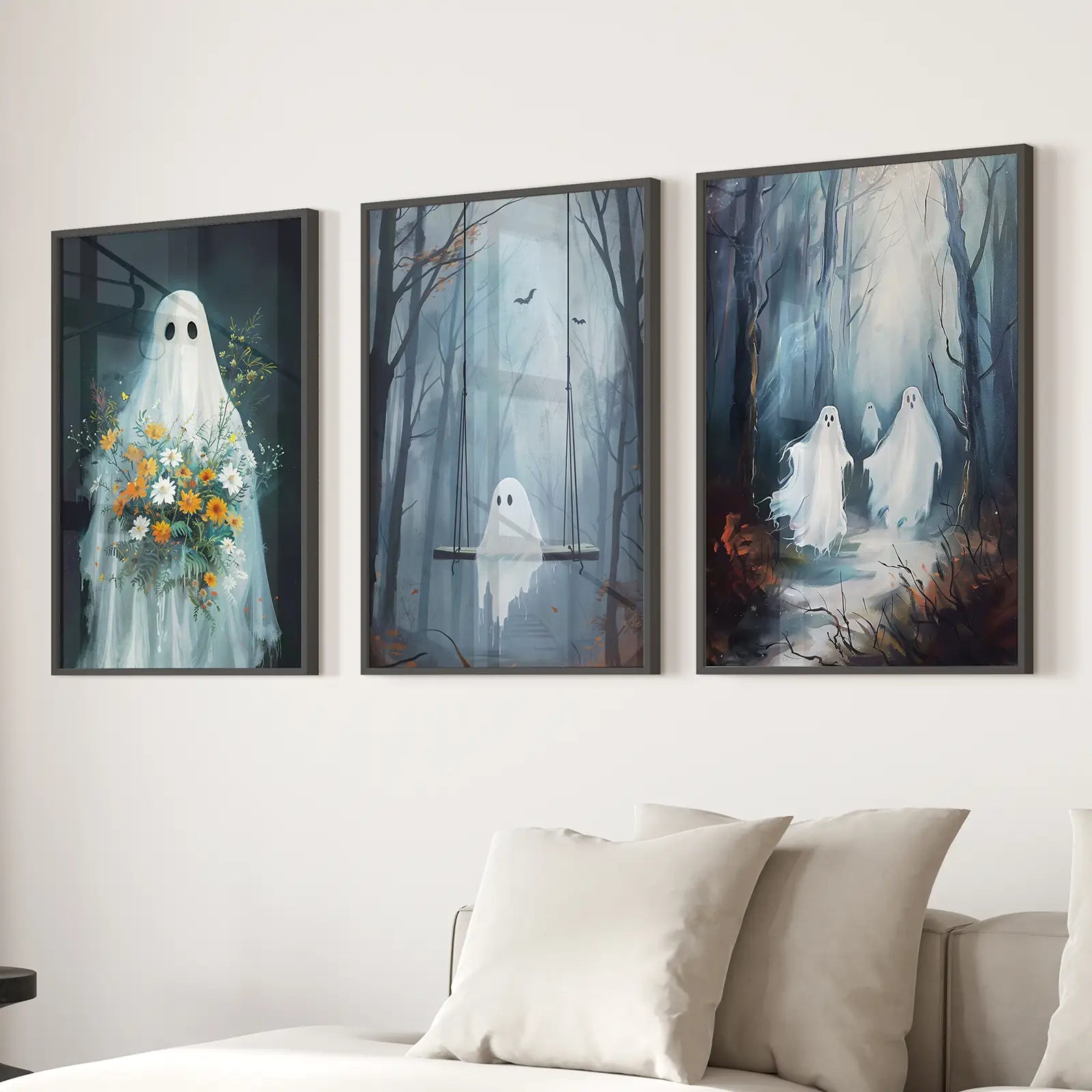 Haunting Ghost Trendy Printable Wall Art Set. Black Frames Above the Sofa.