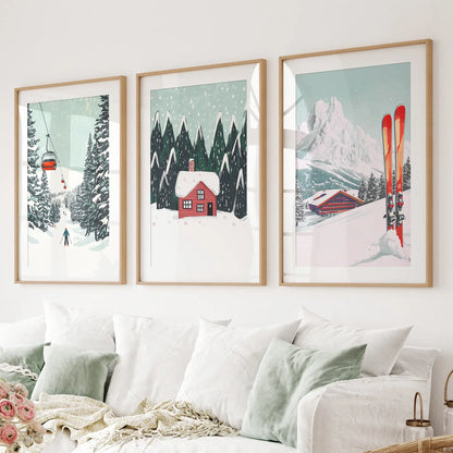 Charming Winter Scenes Retro Art Decor Print Set. Thinwood Frames Above the Sofa.