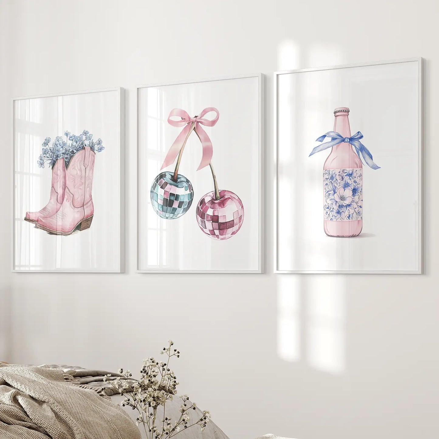 Preppy Apartment Art Pink Wall Art  Poster Decor. White Frames Over the Bed.