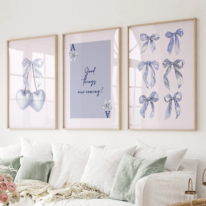 Blue Bows College Apartment Decor Print Poster. Thinwood Frames for Living Room.