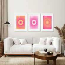 Load image into Gallery viewer, Colourful Aura Set Prints. White Frames with Mat Above the Sofa.
