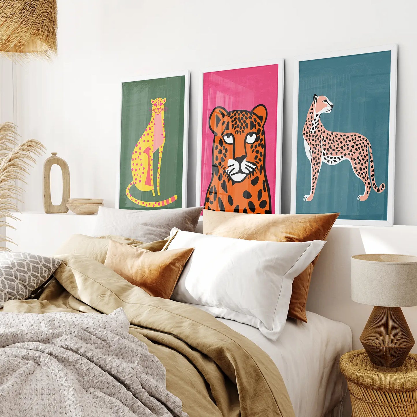 Cheetah Wall Art Print Trendy Room Decor. White Frames for Bedroom.