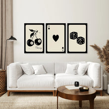 Load image into Gallery viewer, Triptych Black Beige Ace of Hearts Poster. Stretched Canvas Above the Sofa.
