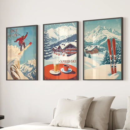 Retro après ski wall prints featuring mountain lodge and coffee. Black frames over the couch.