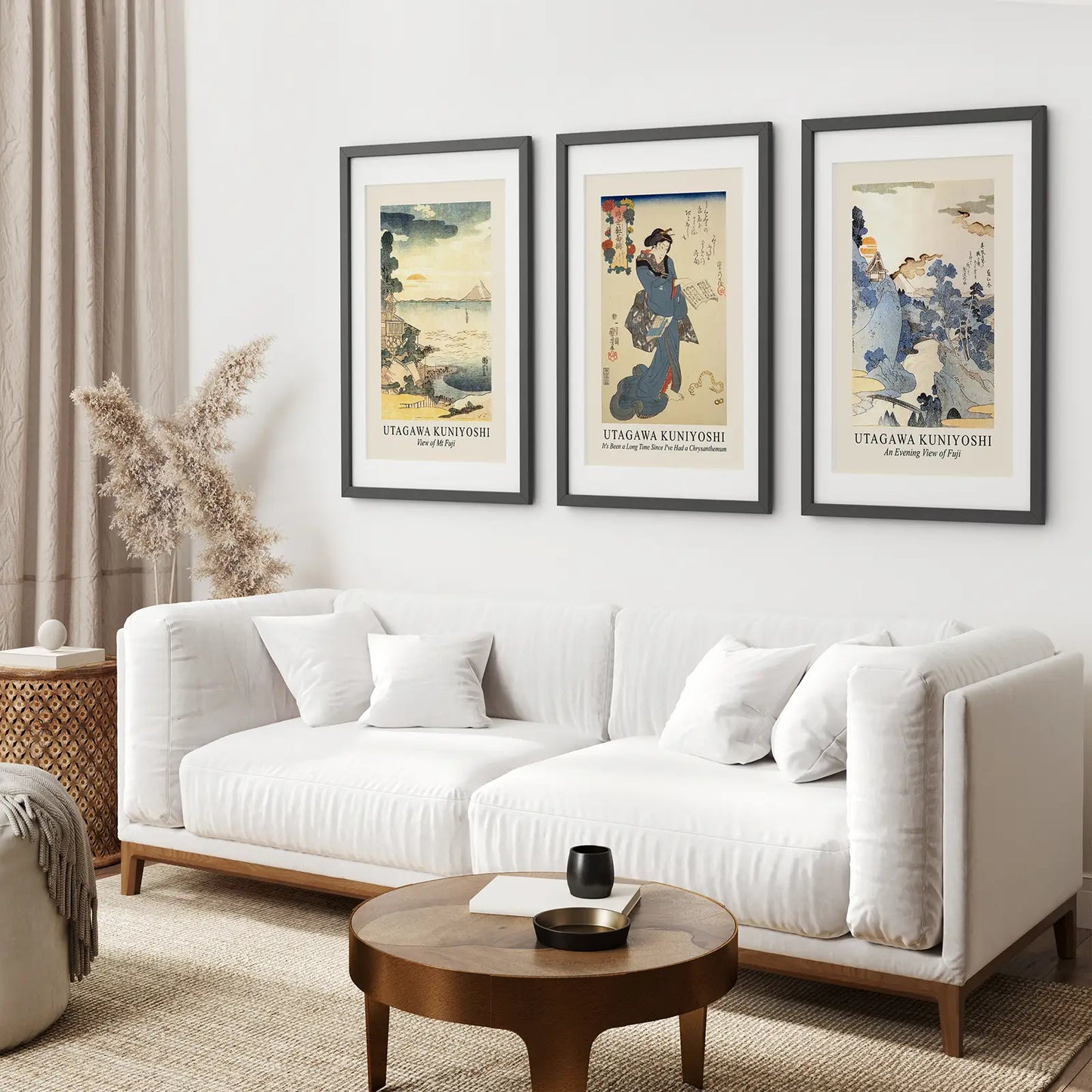 Best Selling Asian Paintings Wall Decor. Black Frames with Mat Above the Sofa.