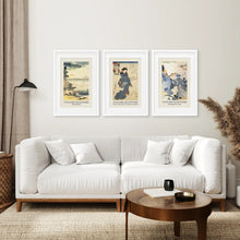 Load image into Gallery viewer, Trendy Modern Paintings Art Prints Set. White Frames with Mat Above the Sofa.
