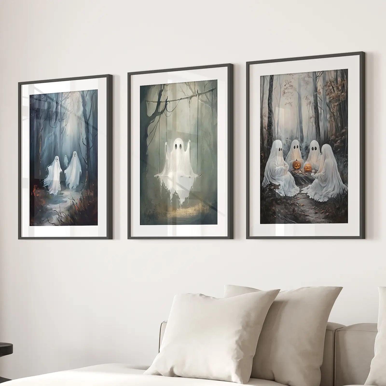 Ghosts with Pumpkin Modern Art Poster Home Decor. Black Frames with Mat Above the Sofa.