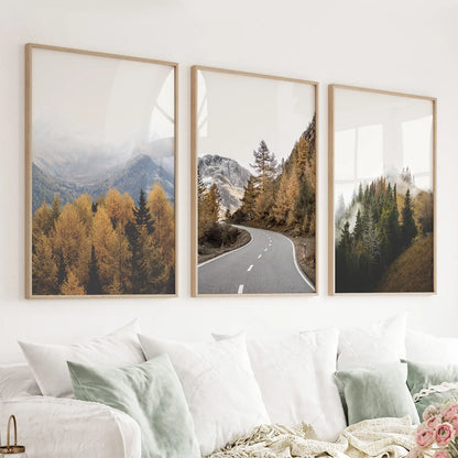 Brown Autumn Mountain Forest Scenery. Set of 3 Prints