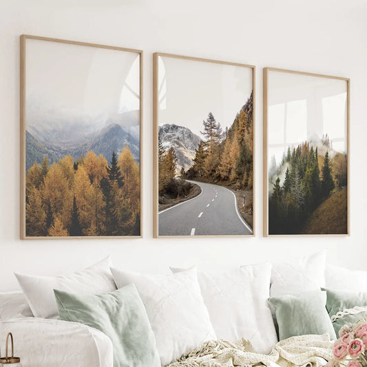 Brown Autumn Mountain Forest Scenery. Set of 3 Prints