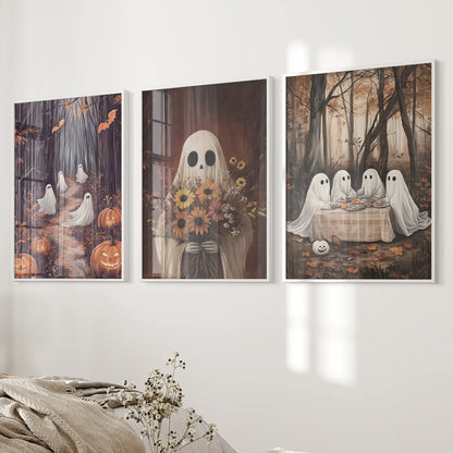 Trendy Ghost with Flowers Autumn Seasonal Decor. White Frames Over the Bed.