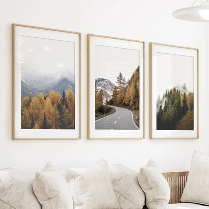 Brown Autumn Mountain Forest Scenery. Set of 3 Prints