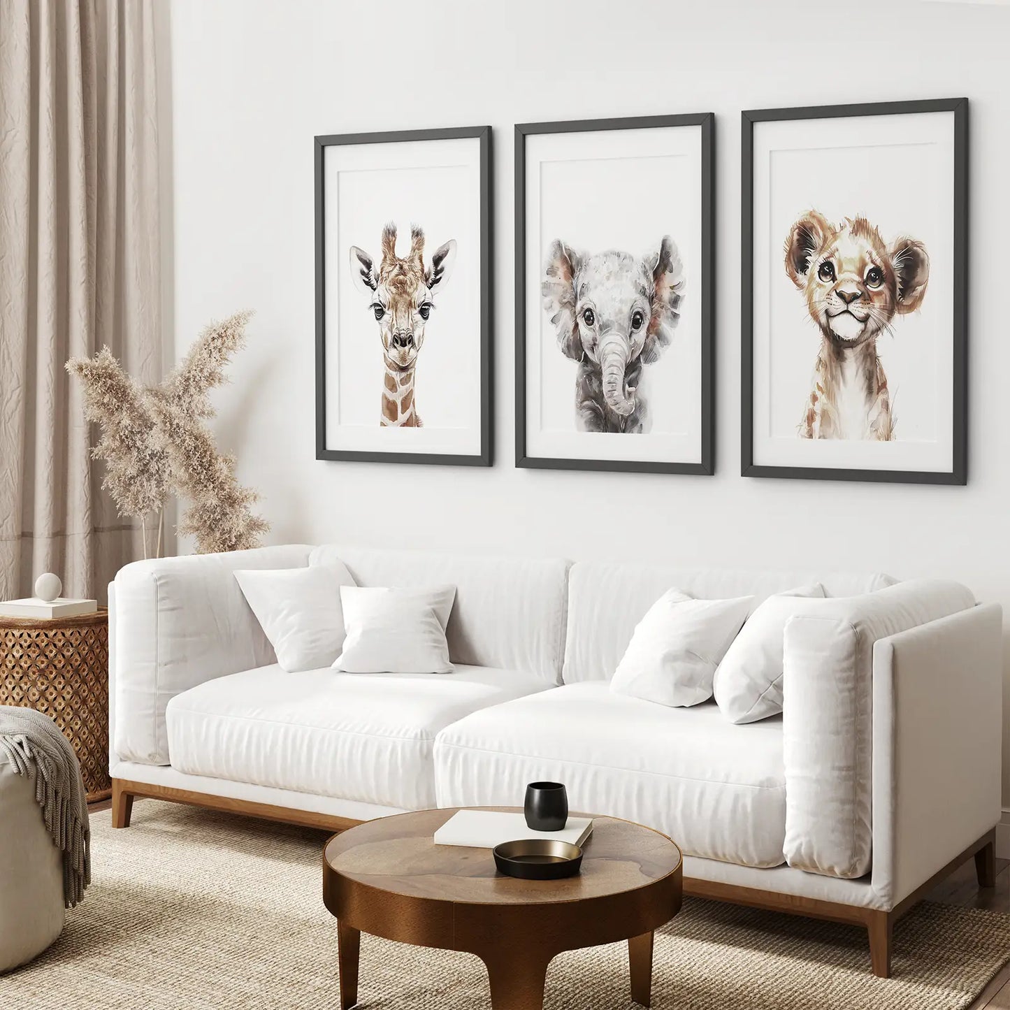 Elephant Nursery Printable Wall Art Decor. Black Frames with Mat Over the Couch.