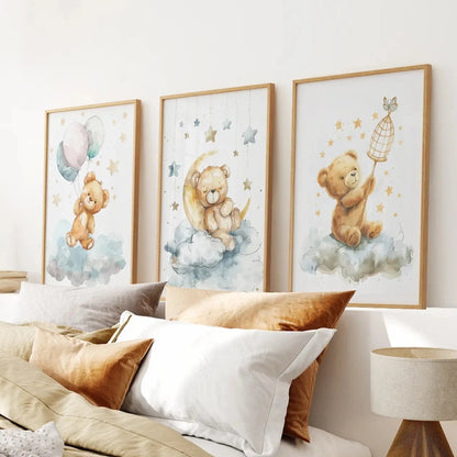 Set of 3 Teddy Bear with Balloon Print Decor Set