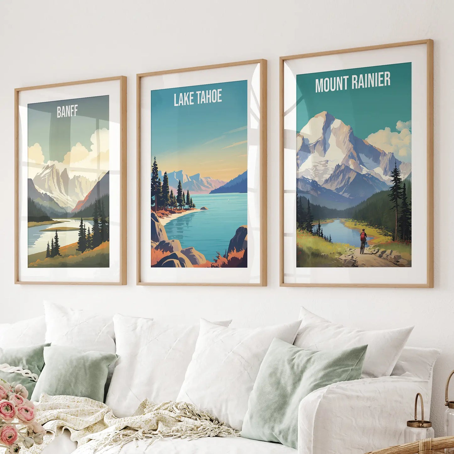 Vintage Banff national park travel poster. Alberta wall art decor. Thinwood frames with mat above the sofa.