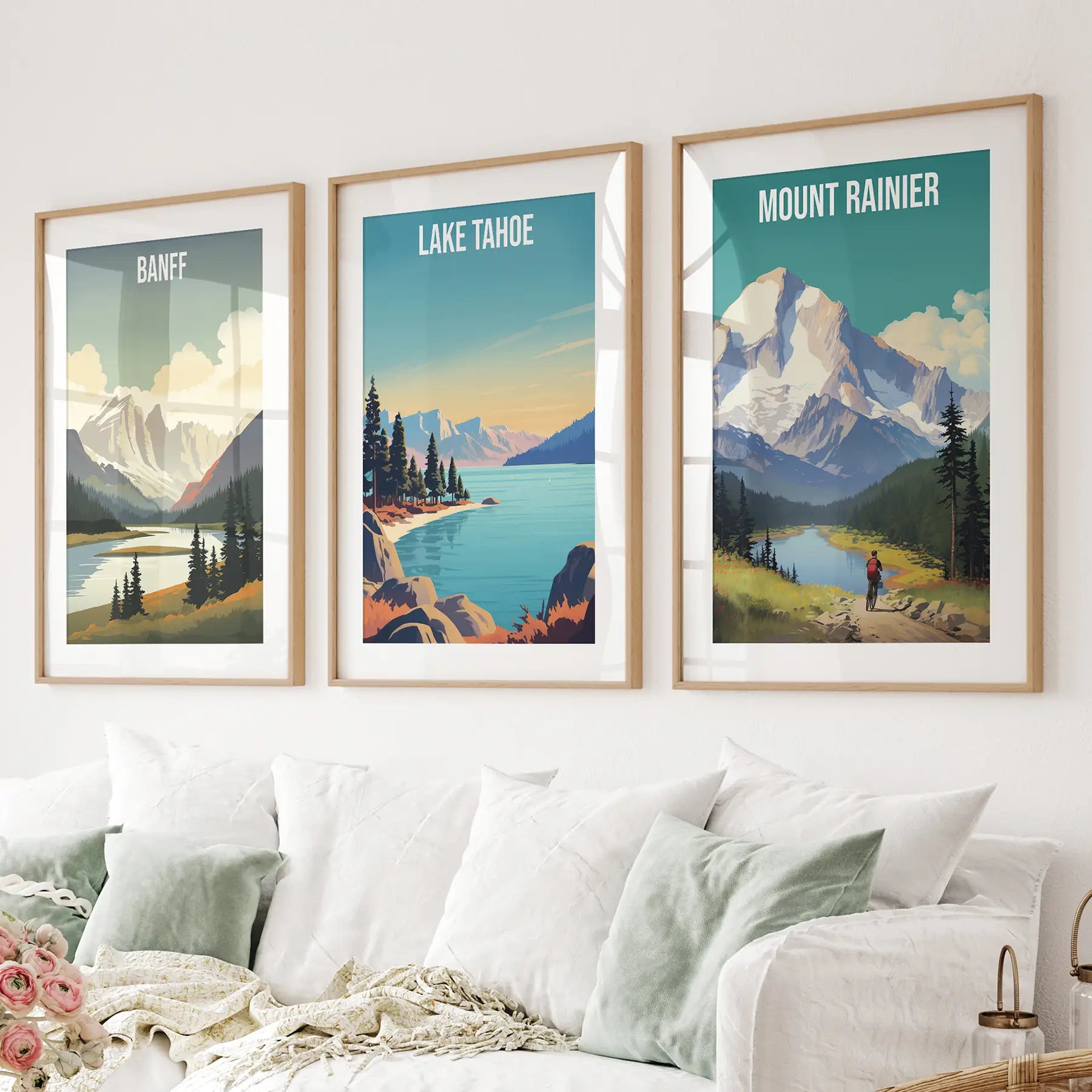 Vintage Banff national park travel poster. Alberta wall art decor. Thinwood frames with mat above the sofa.